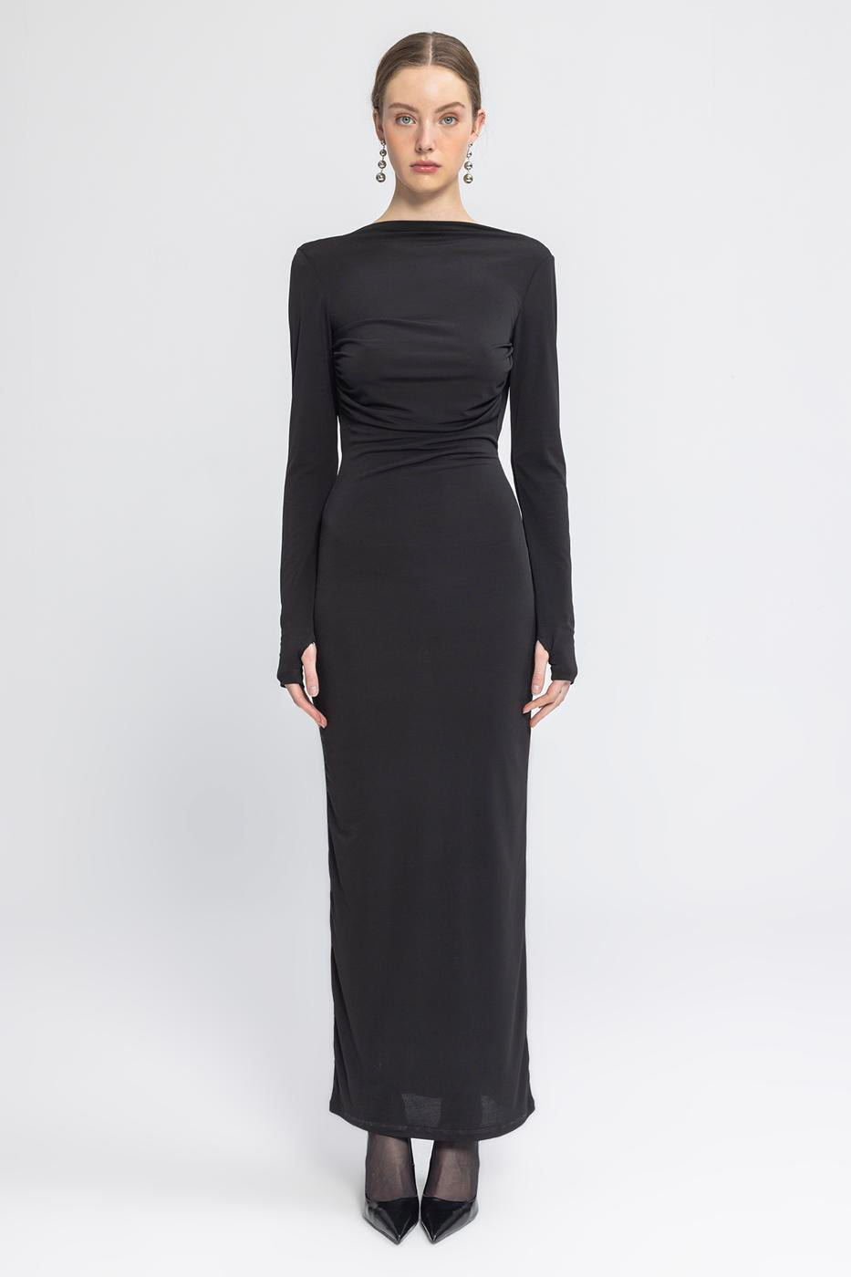 Boat Neck Low Back Maxi Dress Black
