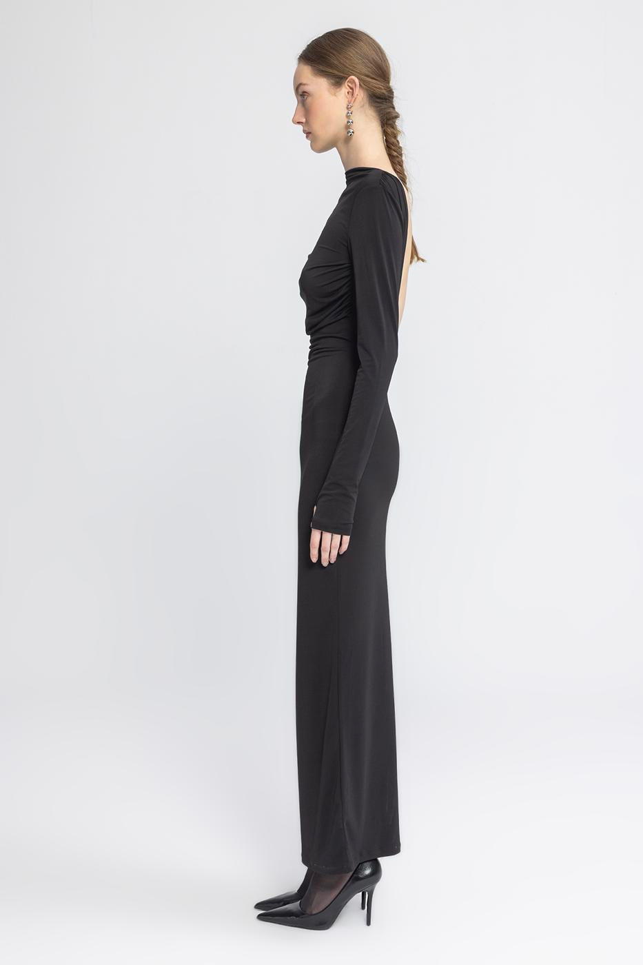 Boat Neck Low Back Maxi Dress Black