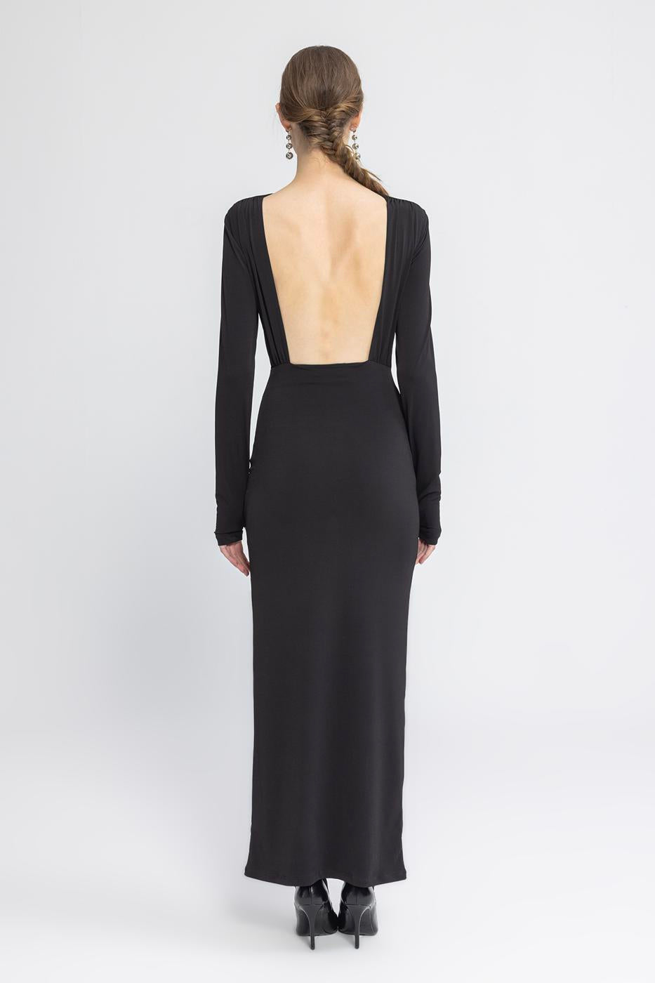 Boat Neck Low Back Maxi Dress Black