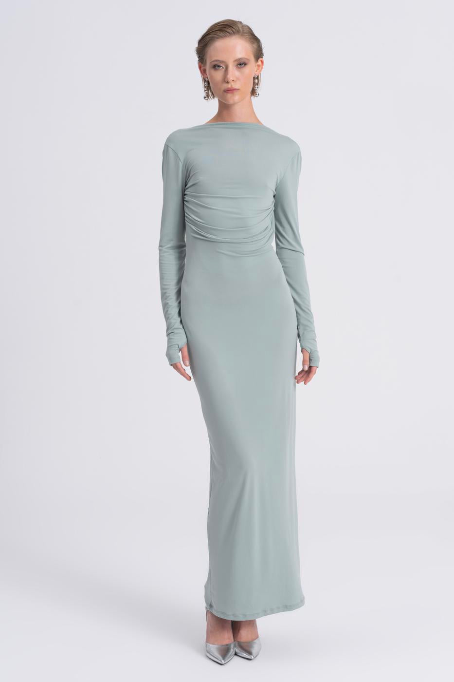 Boat Neck Low Back Maxi Dress Green
