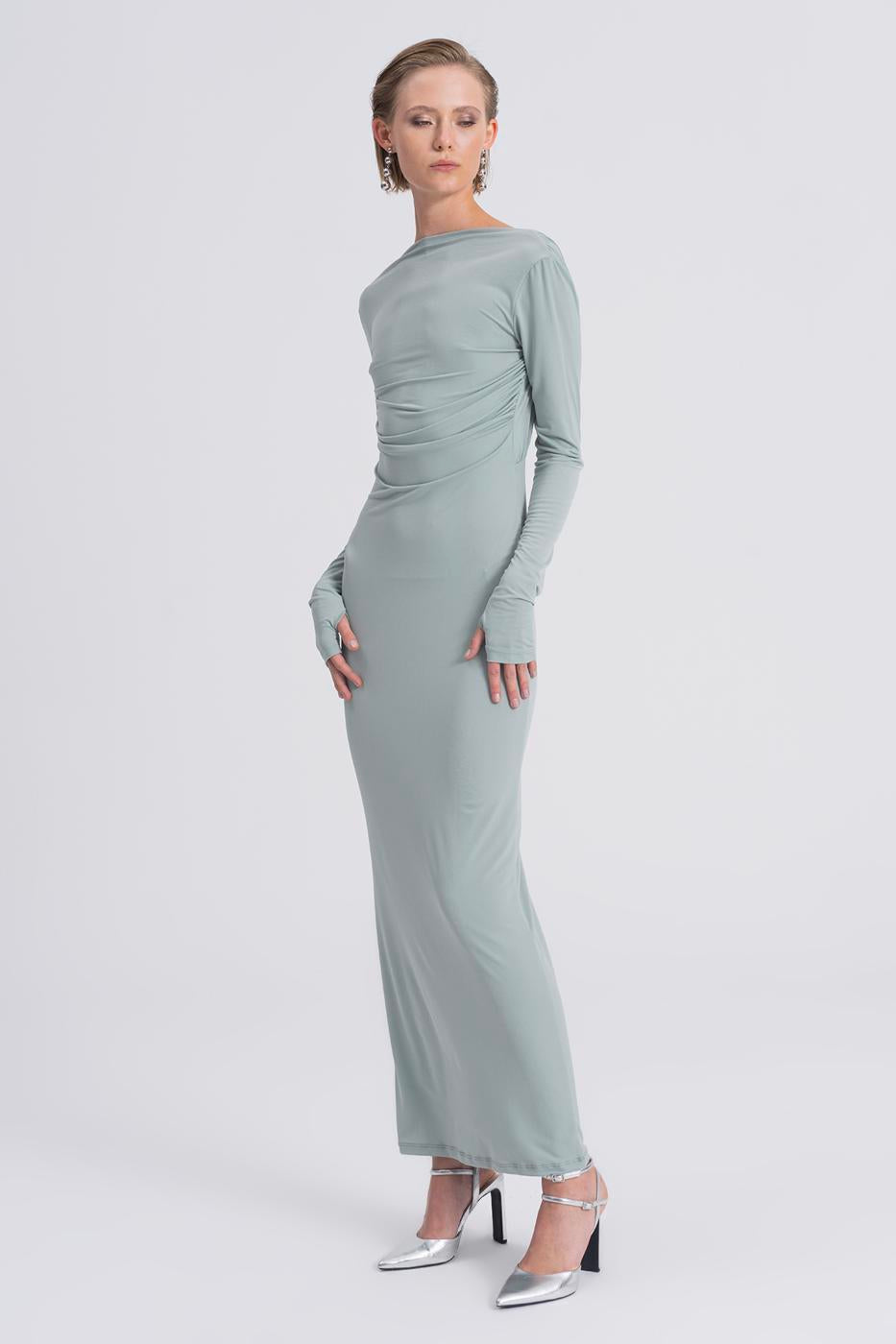 Boat Neck Low Back Maxi Dress Green