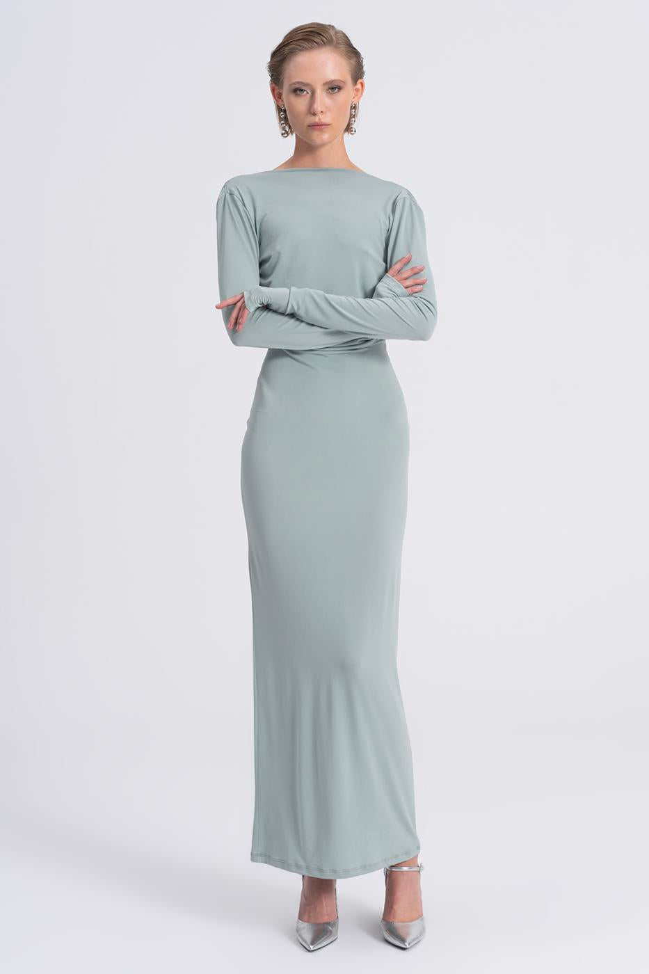 Boat Neck Low Back Maxi Dress Green