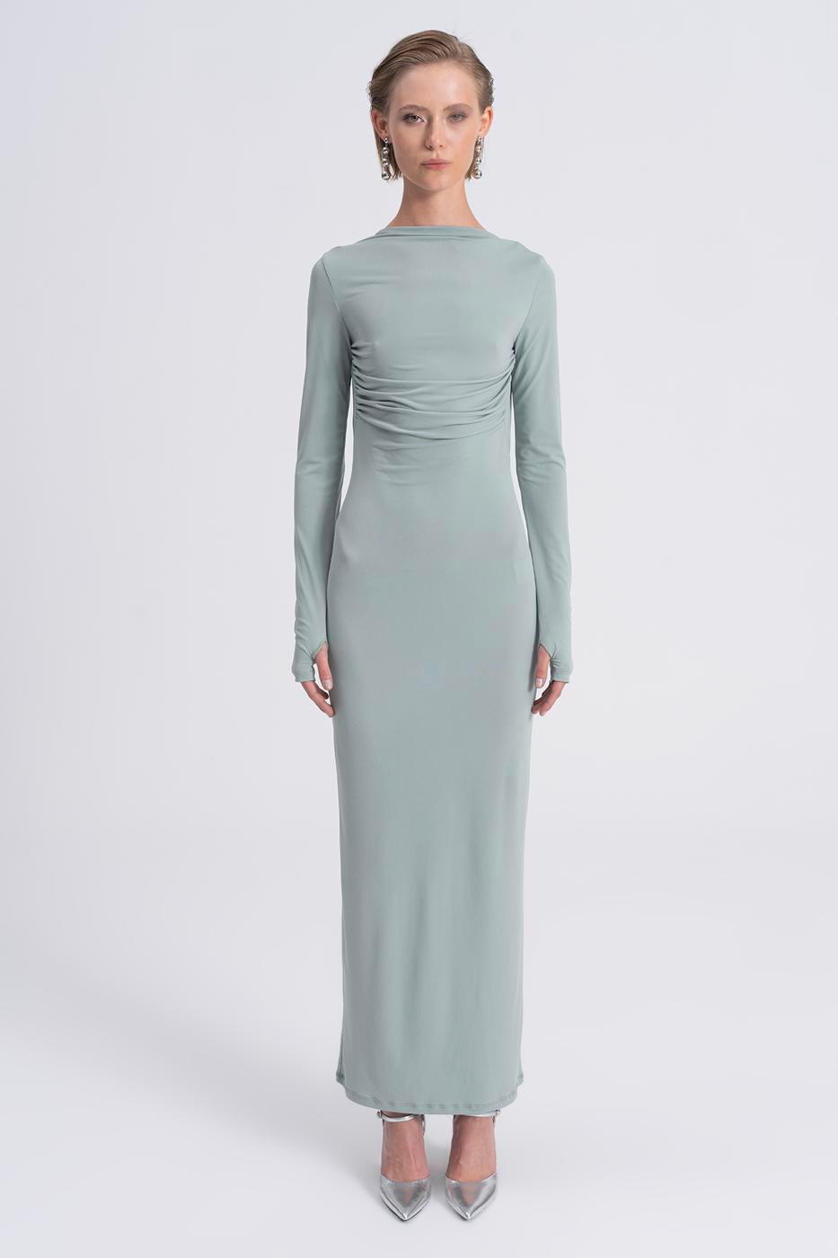 Boat Neck Low Back Maxi Dress Green