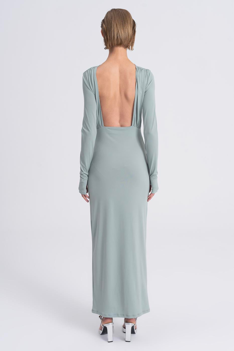Boat Neck Low Back Maxi Dress Green