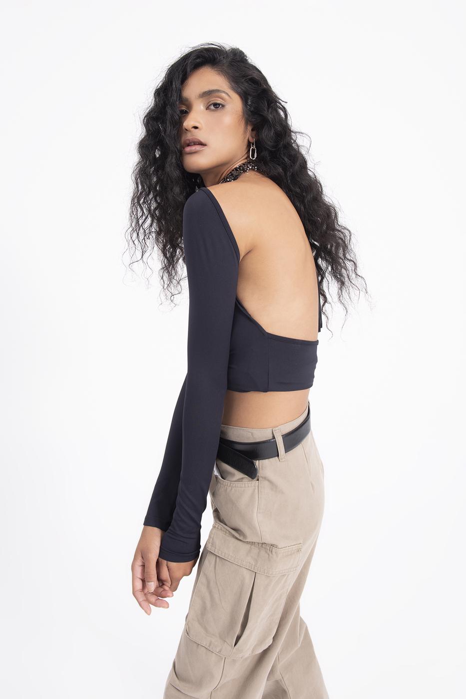 Boat neck open back top Black