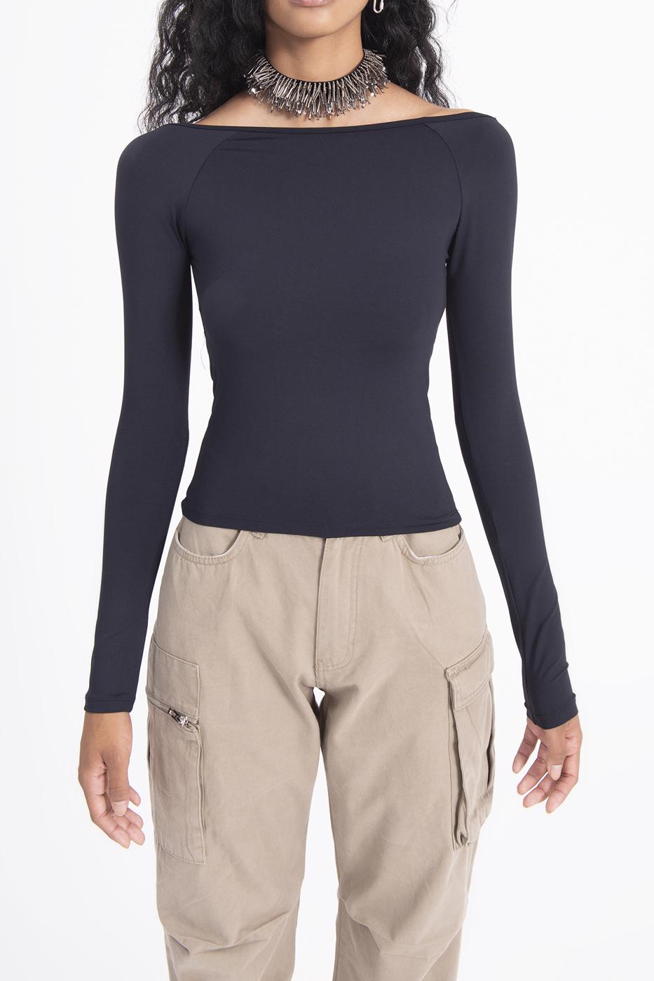 Boat neck open back top Black
