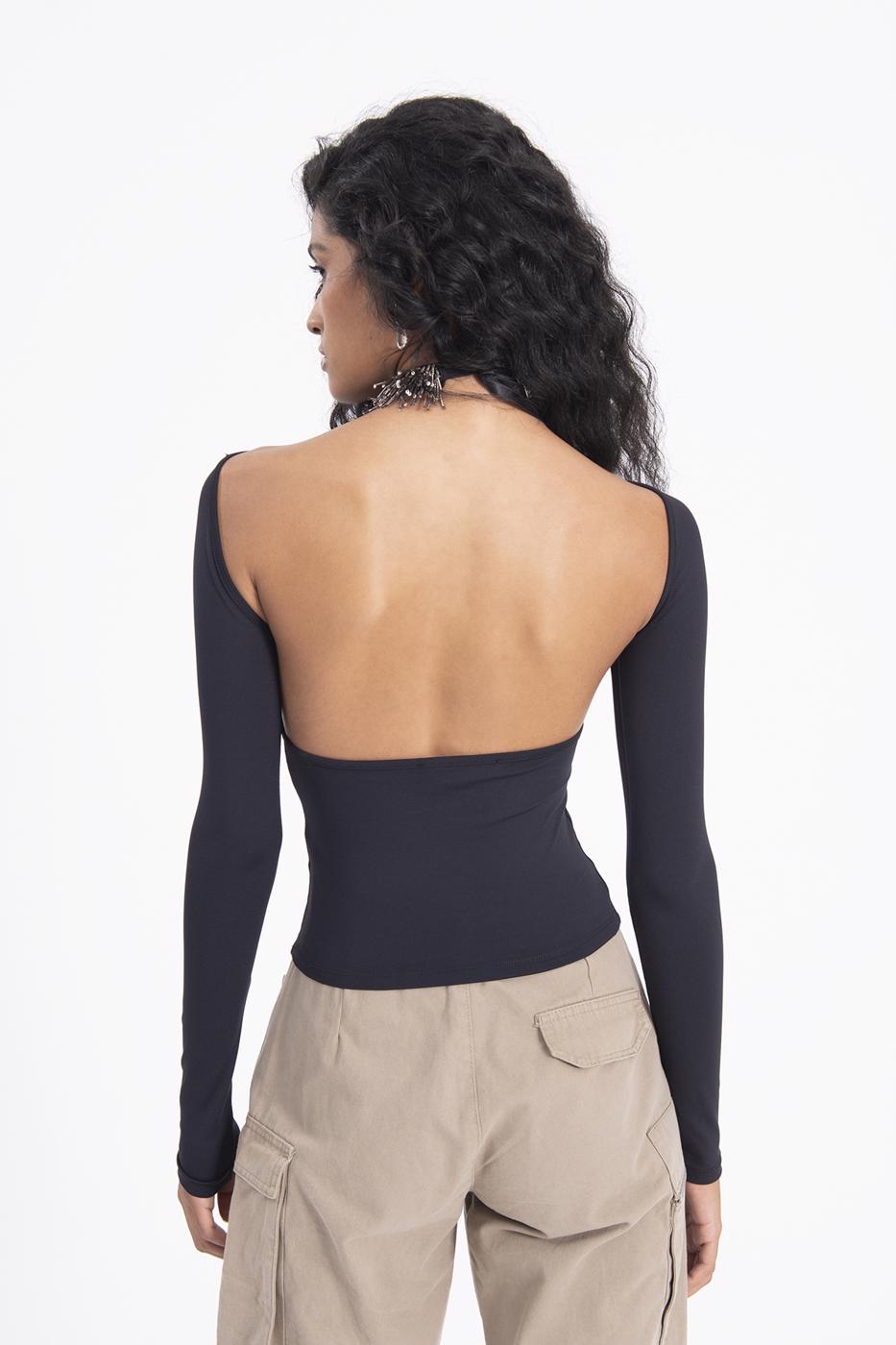 Boat neck open back top Black