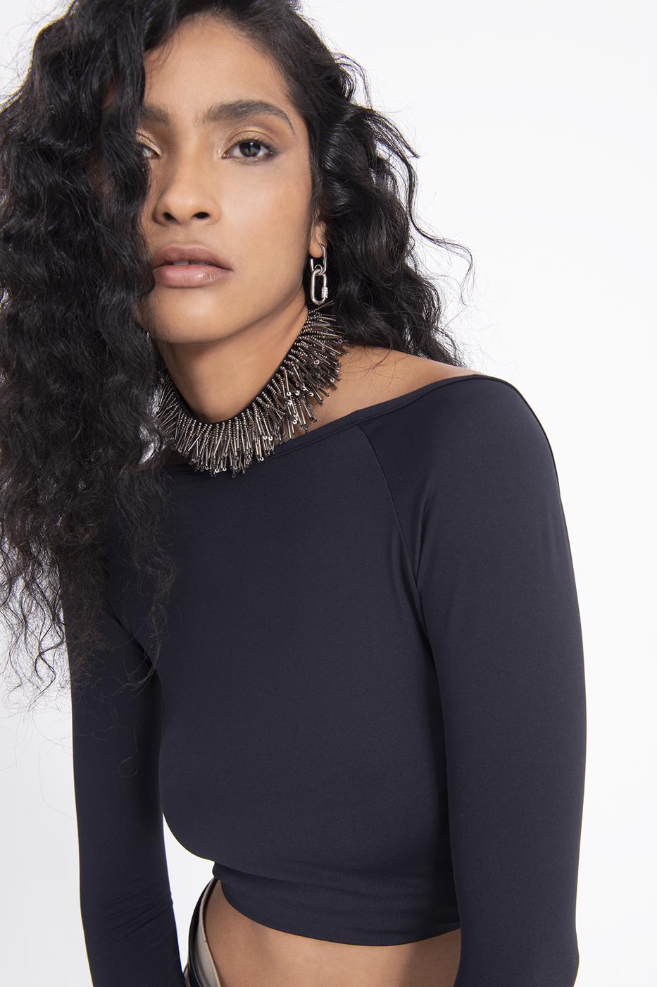 Boat neck open back top Black