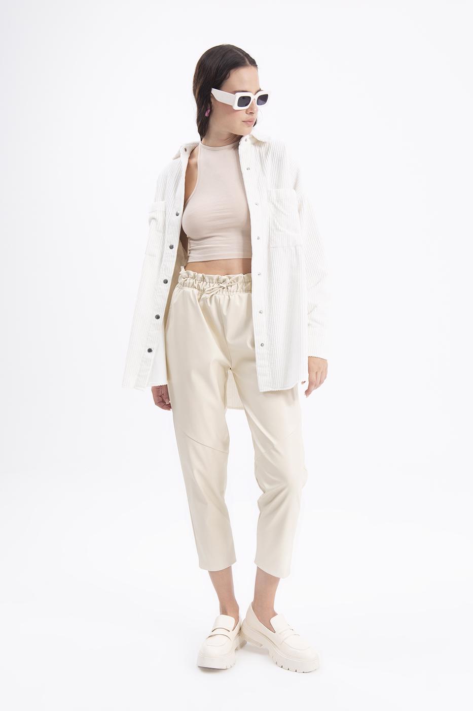 Faux leather jogging pants with belt Ecru
