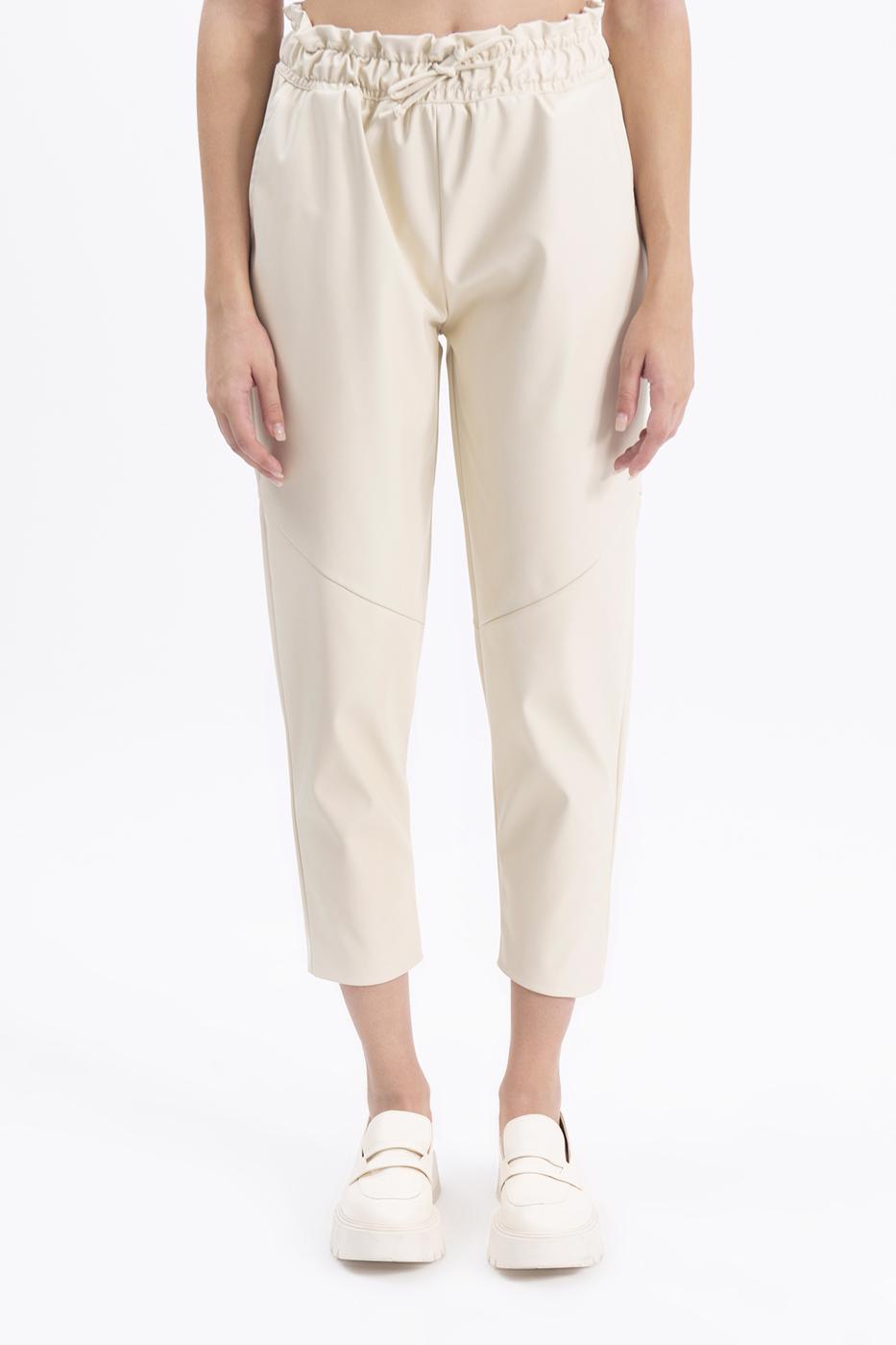 Faux leather jogging pants with belt Ecru