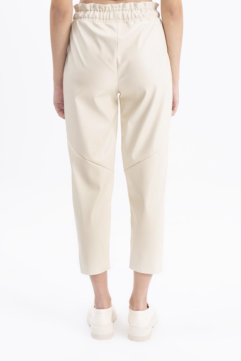 Faux leather jogging pants with belt Ecru