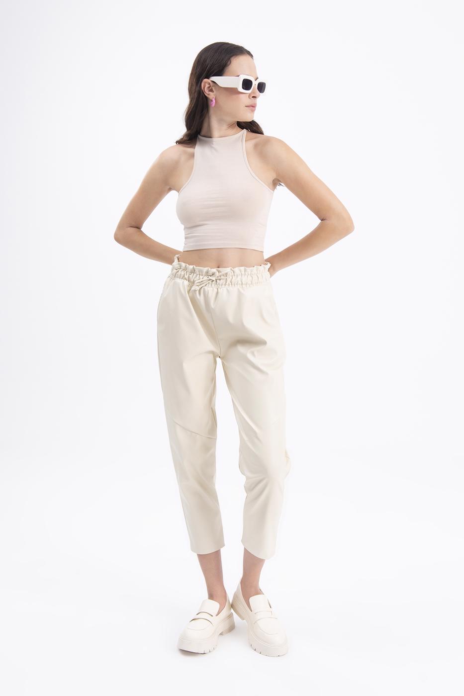 Faux leather jogging pants with belt Ecru
