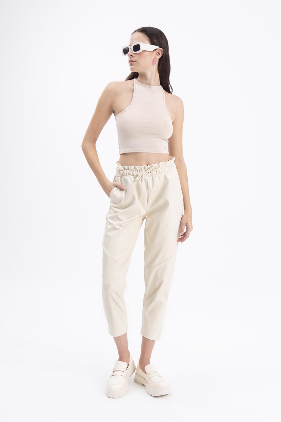 Faux leather jogging pants with belt Ecru
