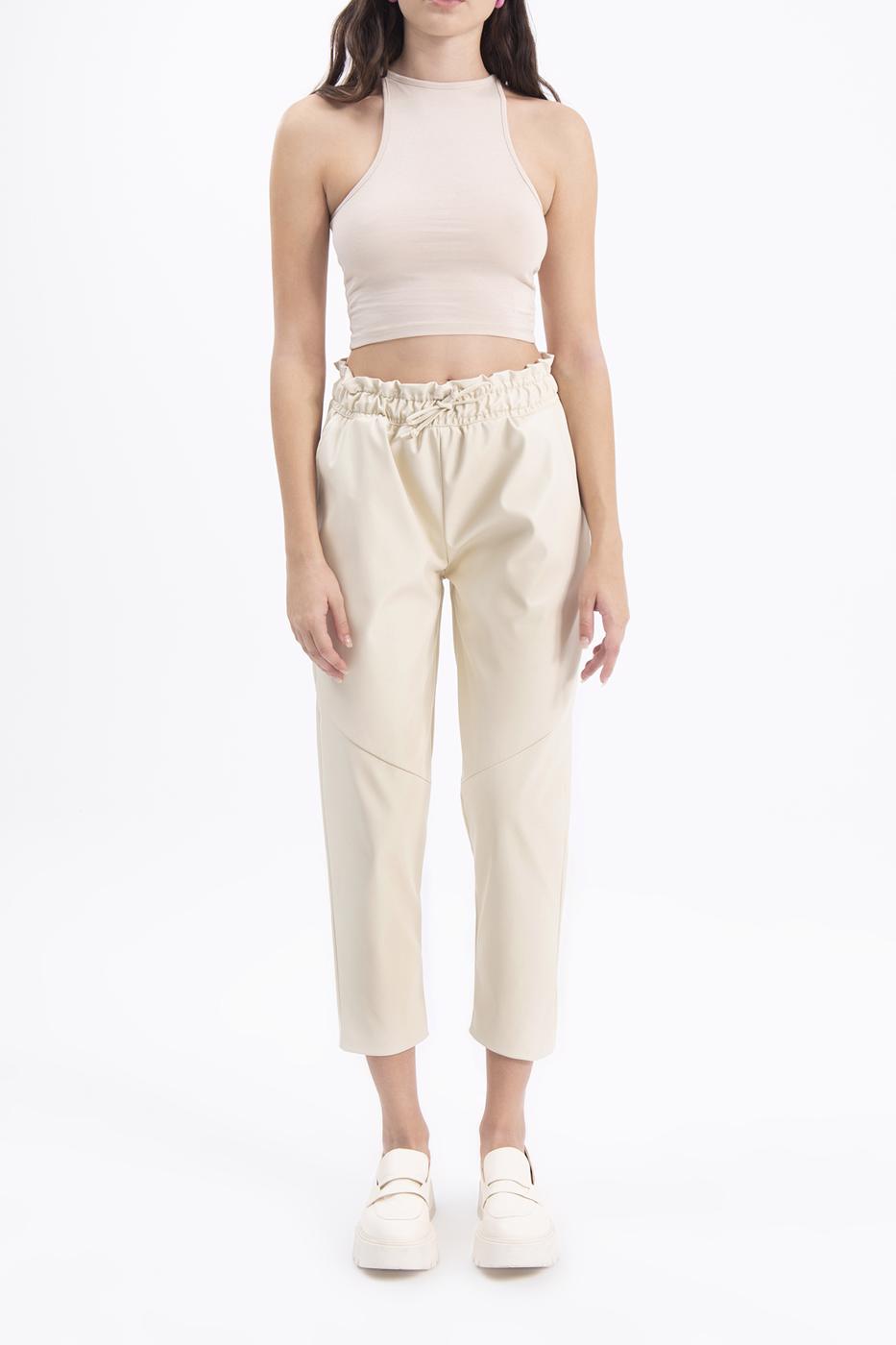 Faux leather jogging pants with belt Ecru