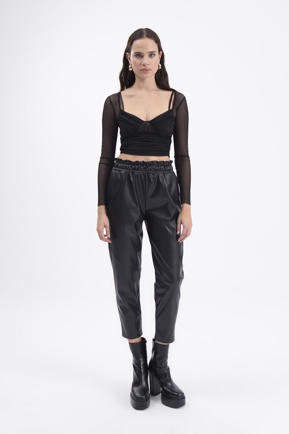 Faux leather jogging pants with belt Black