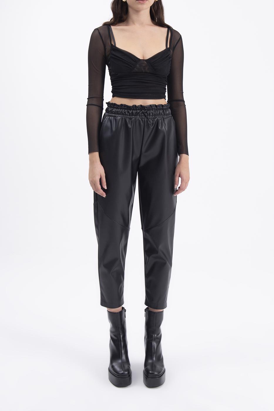 Faux leather jogging pants with belt Black