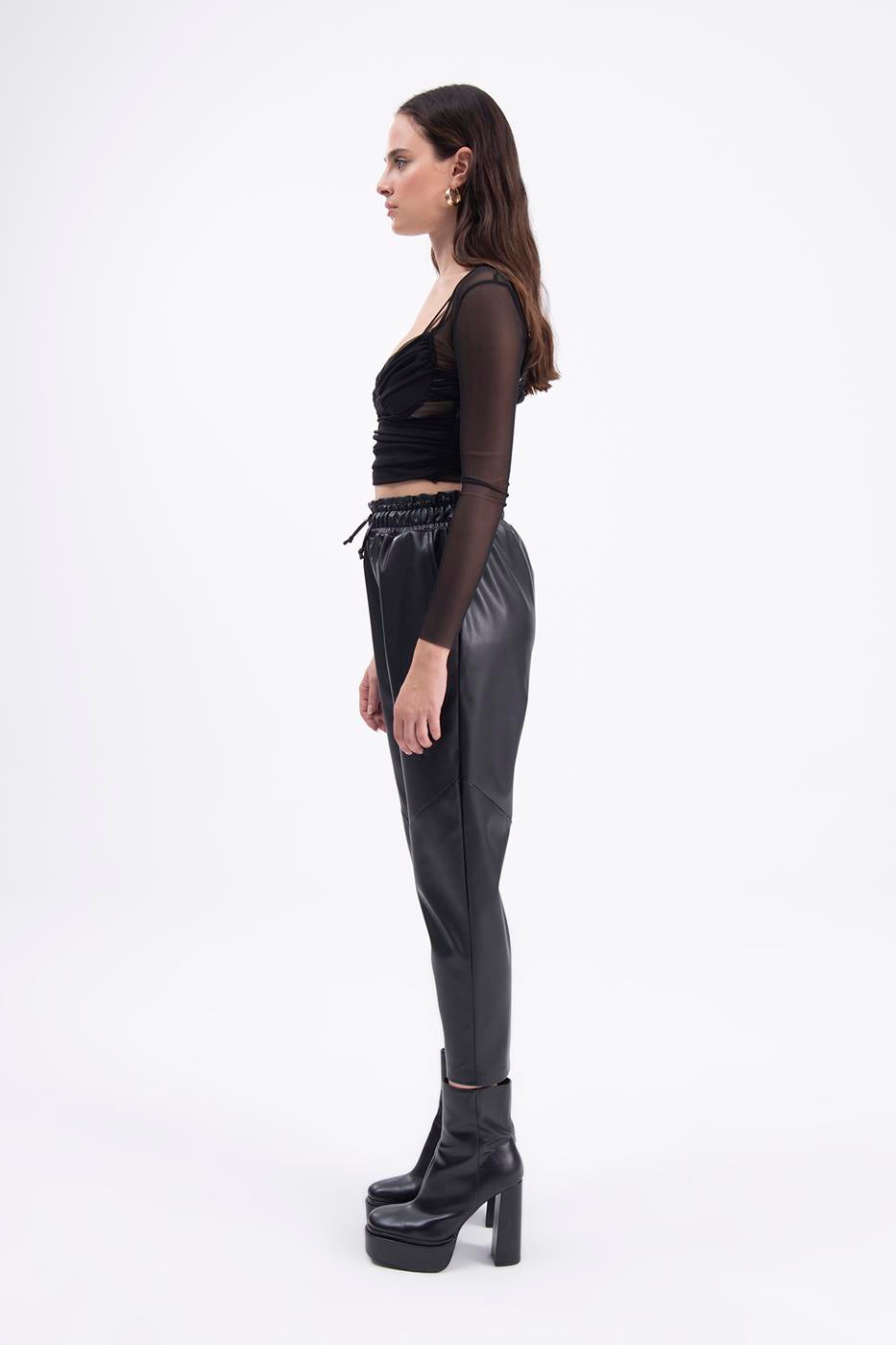 Faux leather jogging pants with belt Black