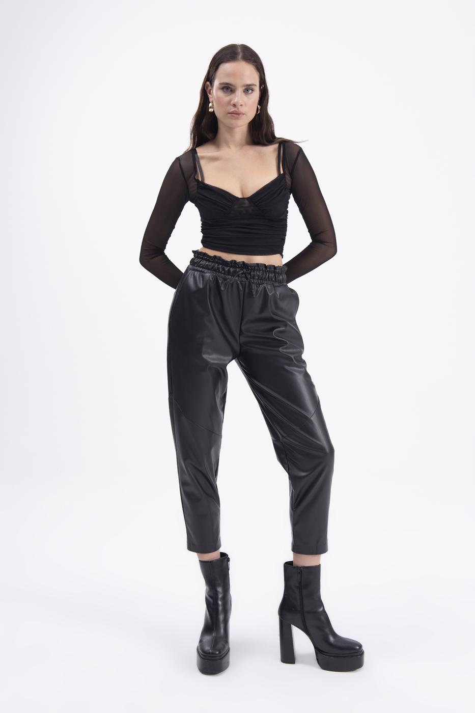 Faux leather jogging pants with belt Black