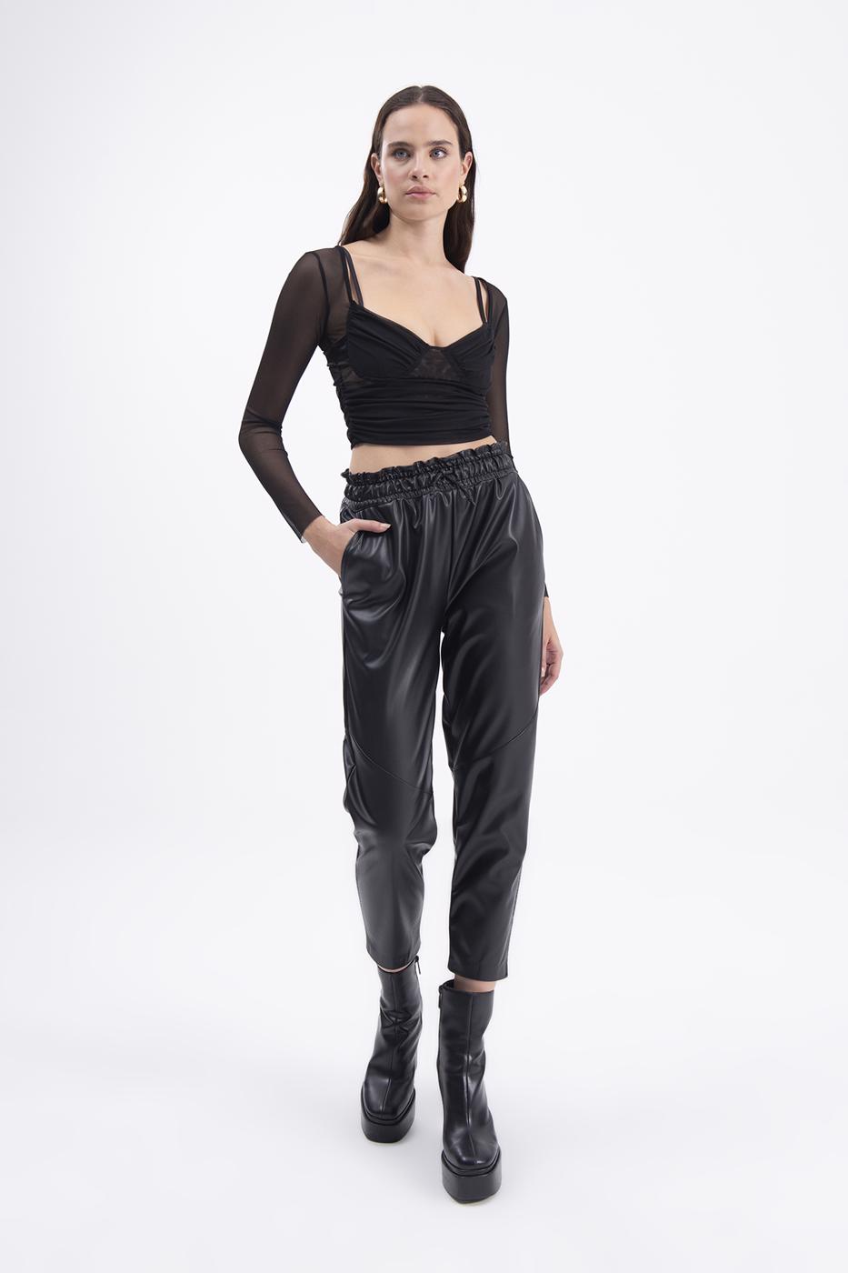 Faux leather jogging pants with belt Black