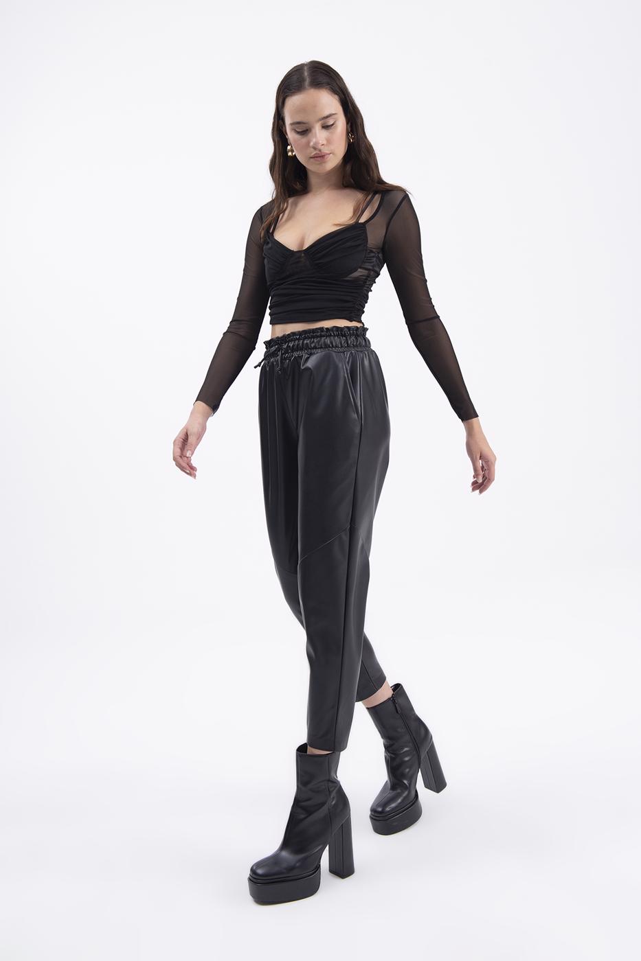 Faux leather jogging pants with belt Black