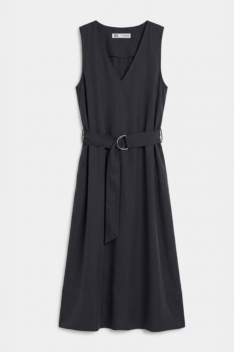 Belt Detail Ruffled Midi Dress Black