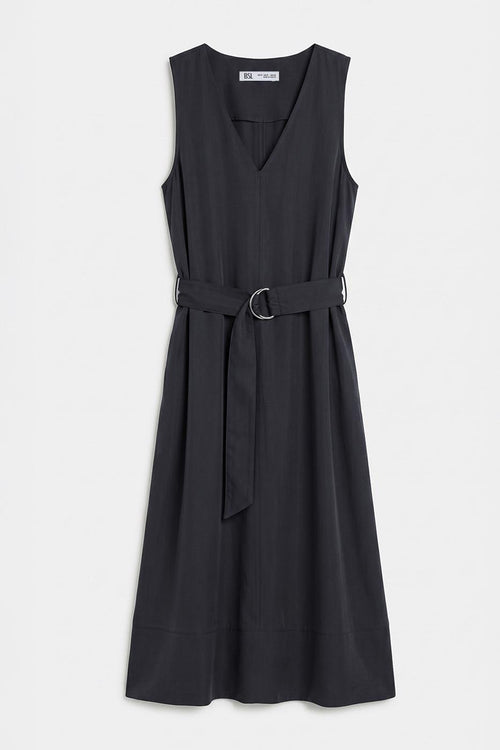 Belt Detail Ruffled Midi Dress Black