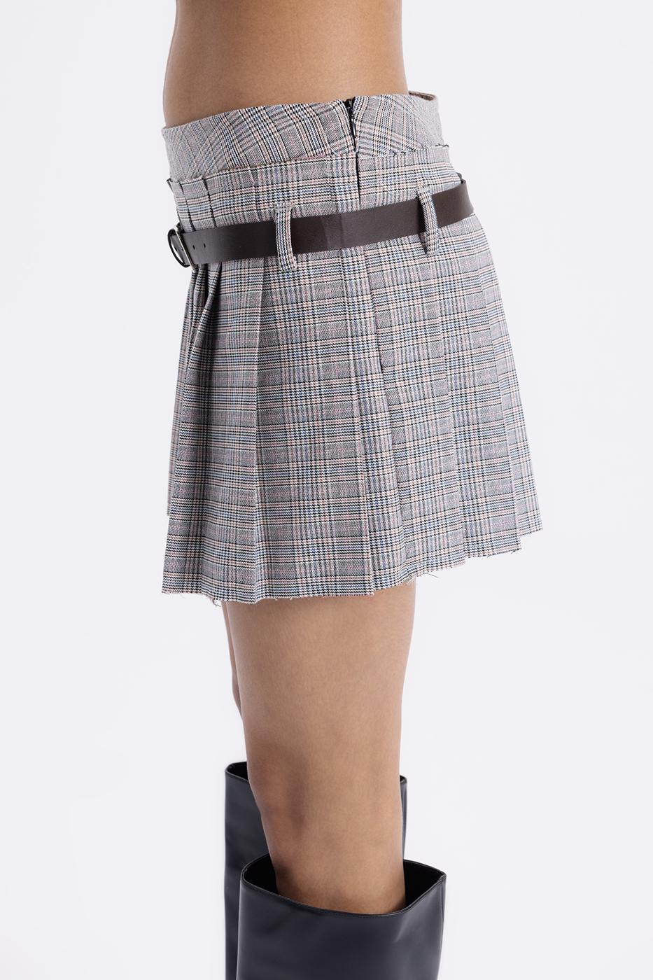 Belted Double Pleated Mini Skirt Grey