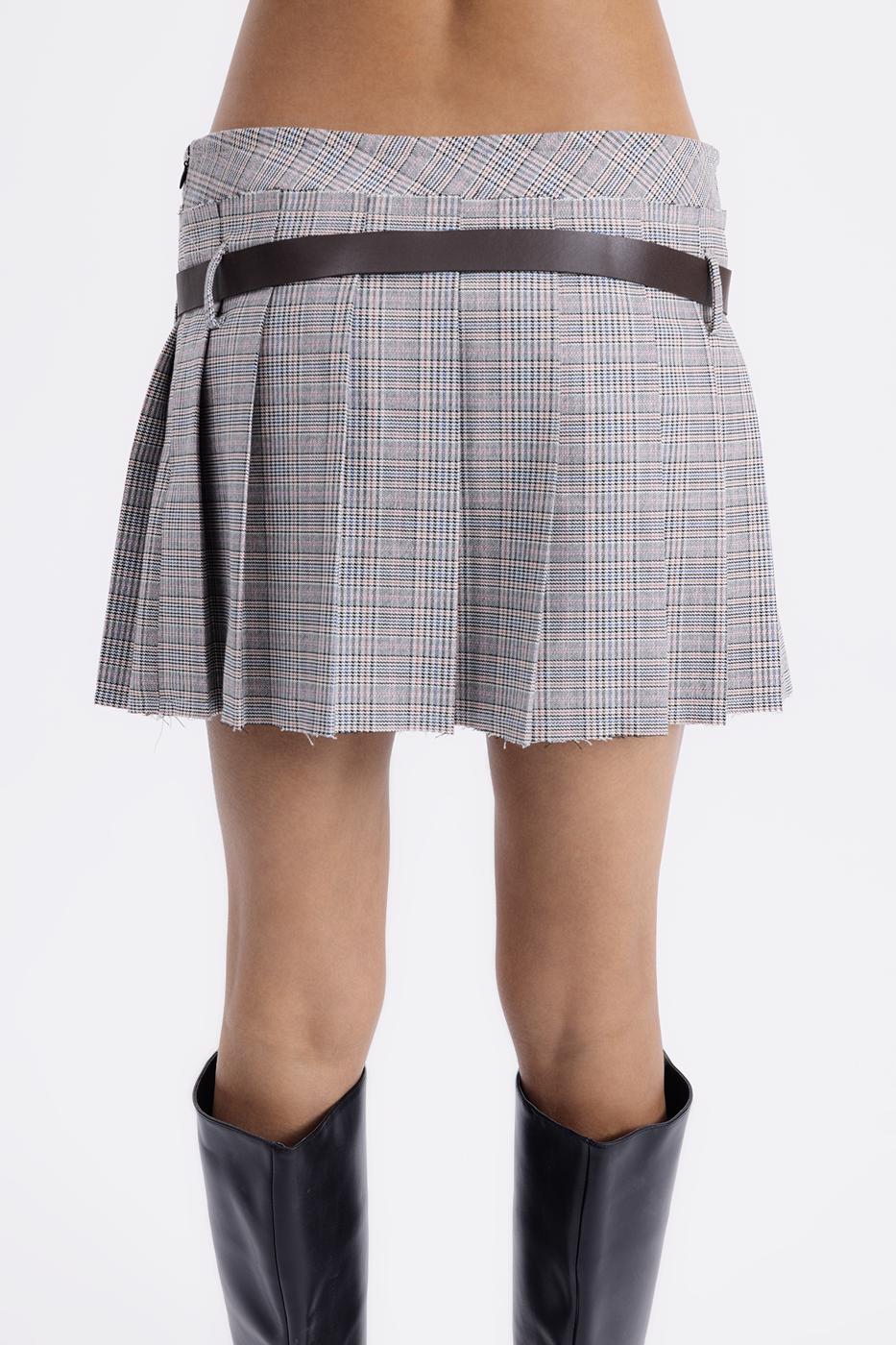 Belted Double Pleated Mini Skirt Grey