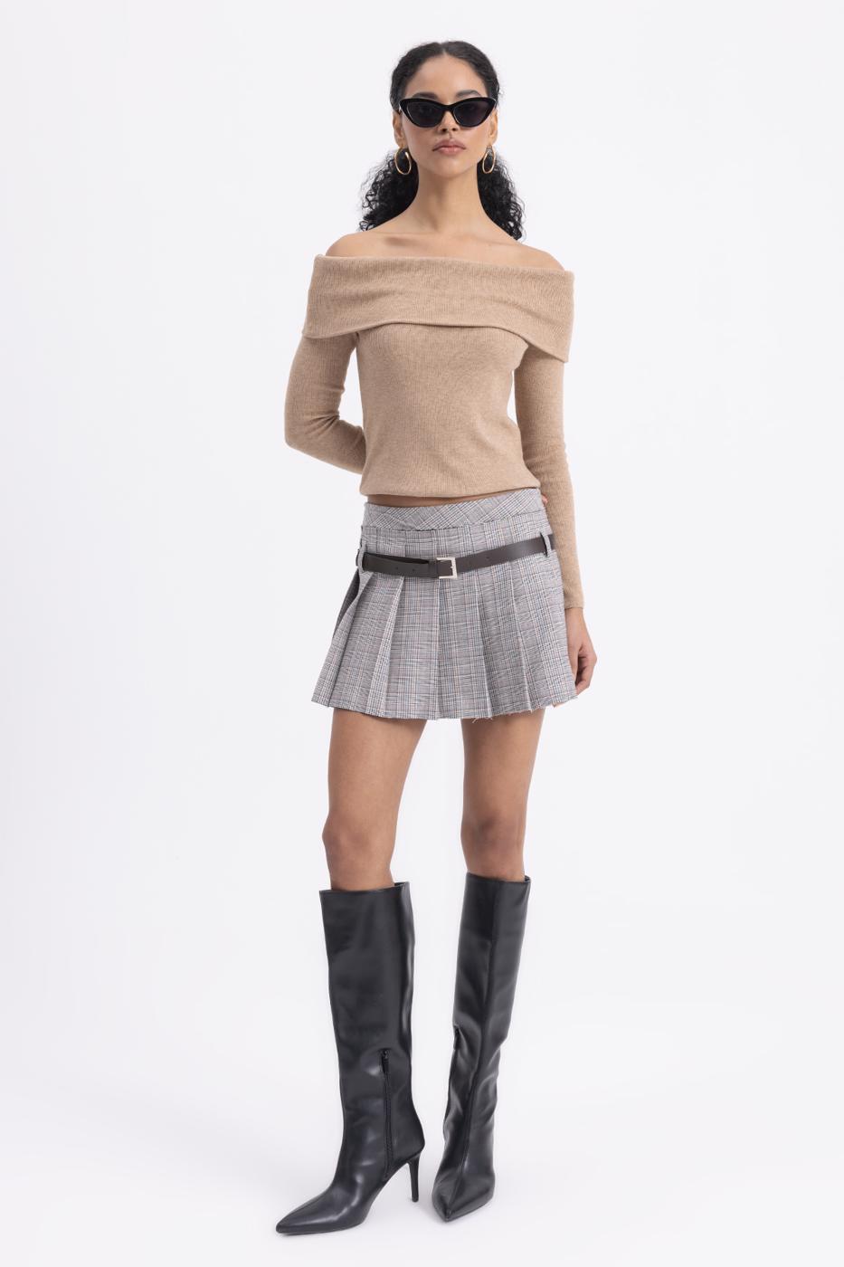 Belted Double Pleated Mini Skirt Grey
