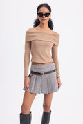 Belted Double Pleated Mini Skirt Grey