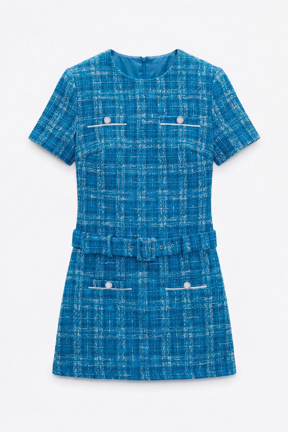 Belted Tweed Mini Dress Blue