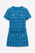 Belted Tweed Mini Dress Blue