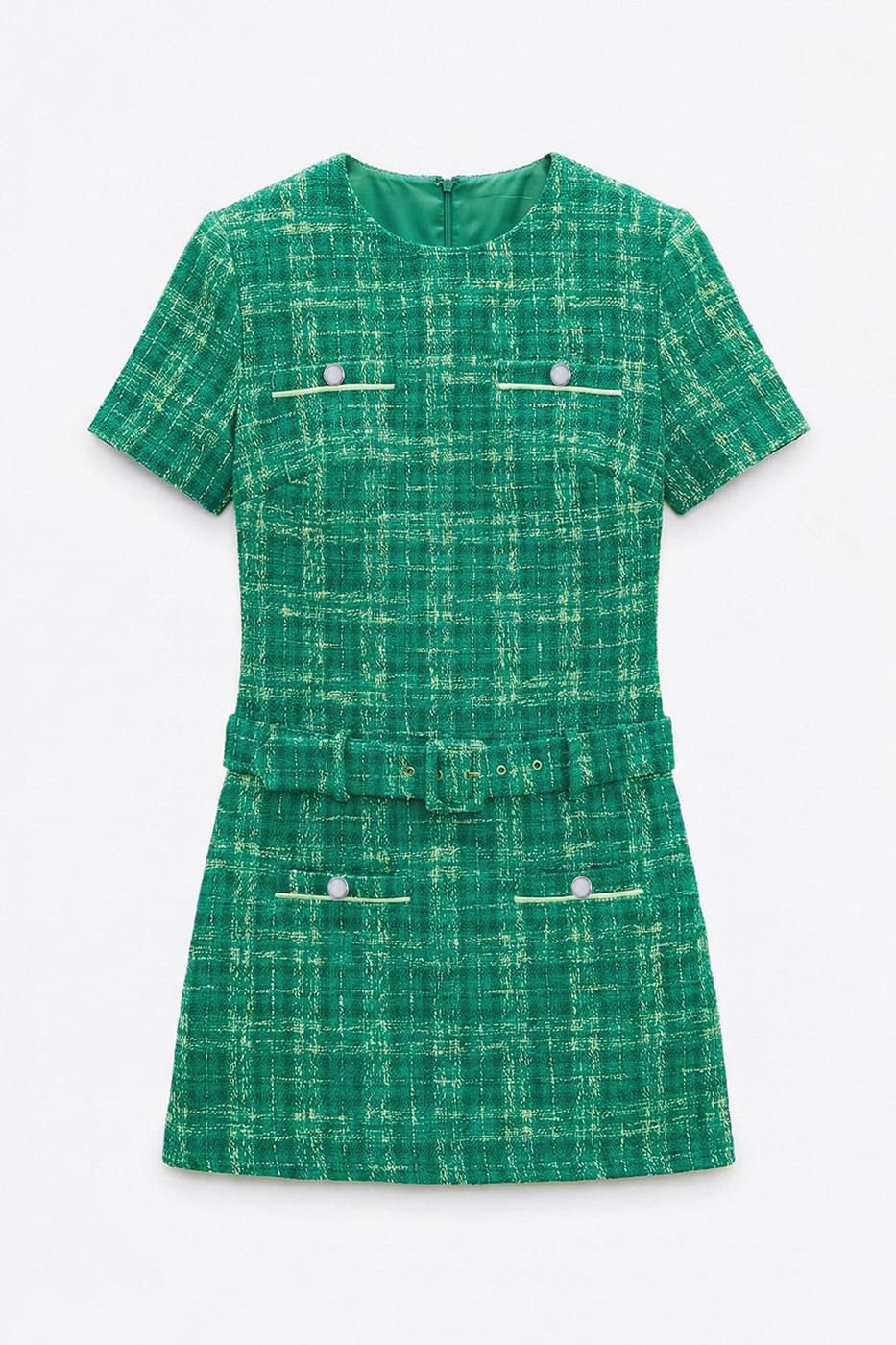 Belted Tweed Mini Dress Green
