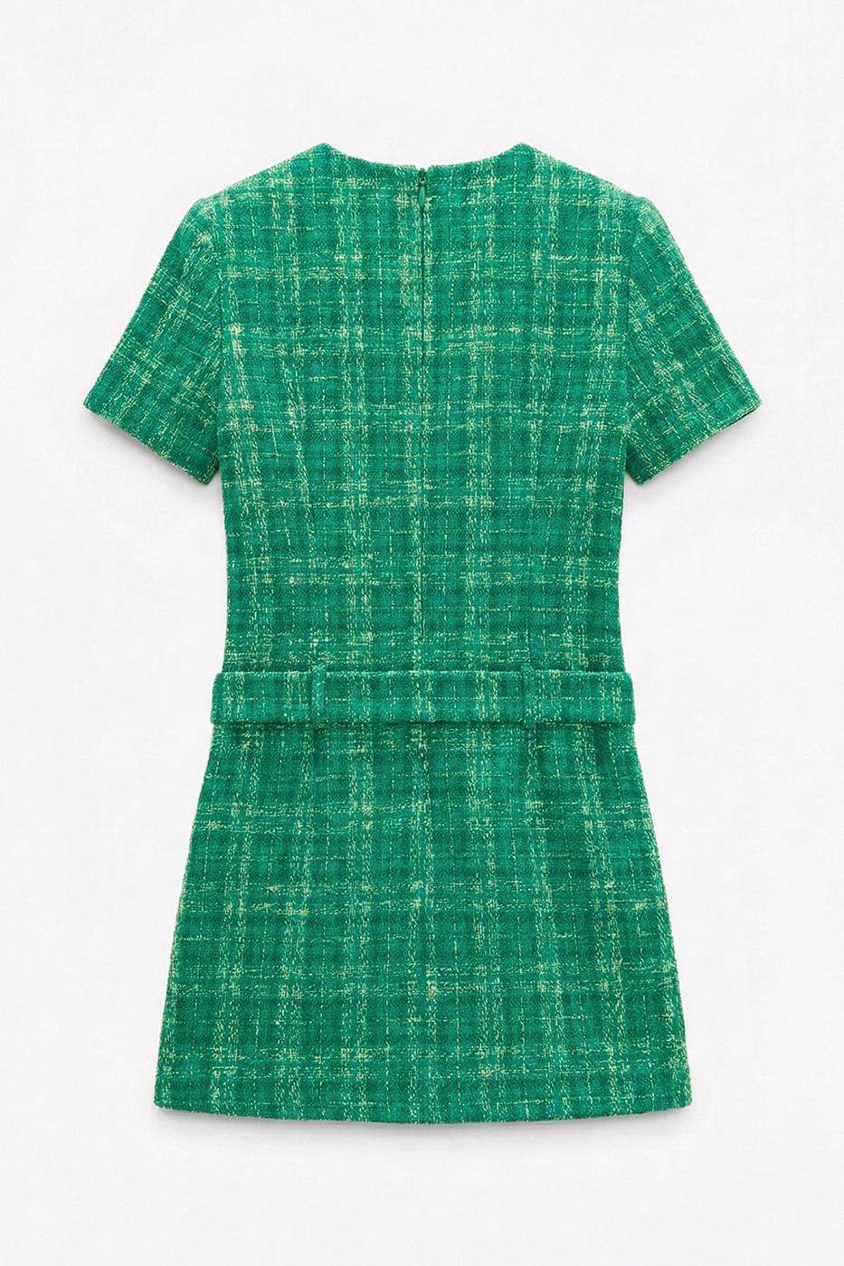 Belted Tweed Mini Dress Green