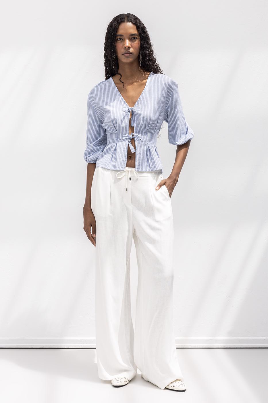 Linen Blend Belted Wide Trousers Off whıte