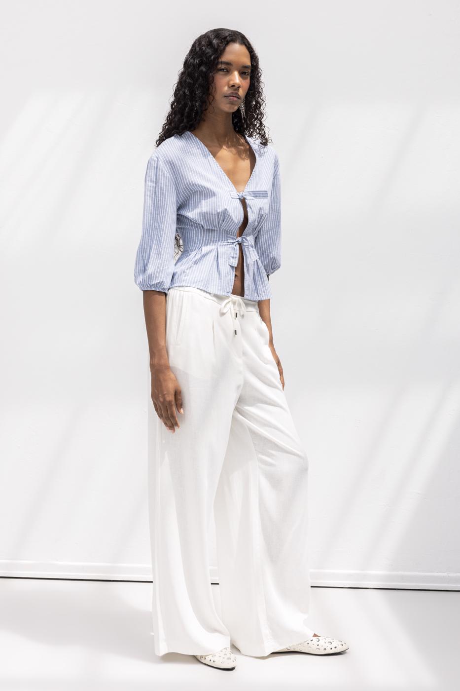 Linen Blend Belted Wide Trousers Off whıte