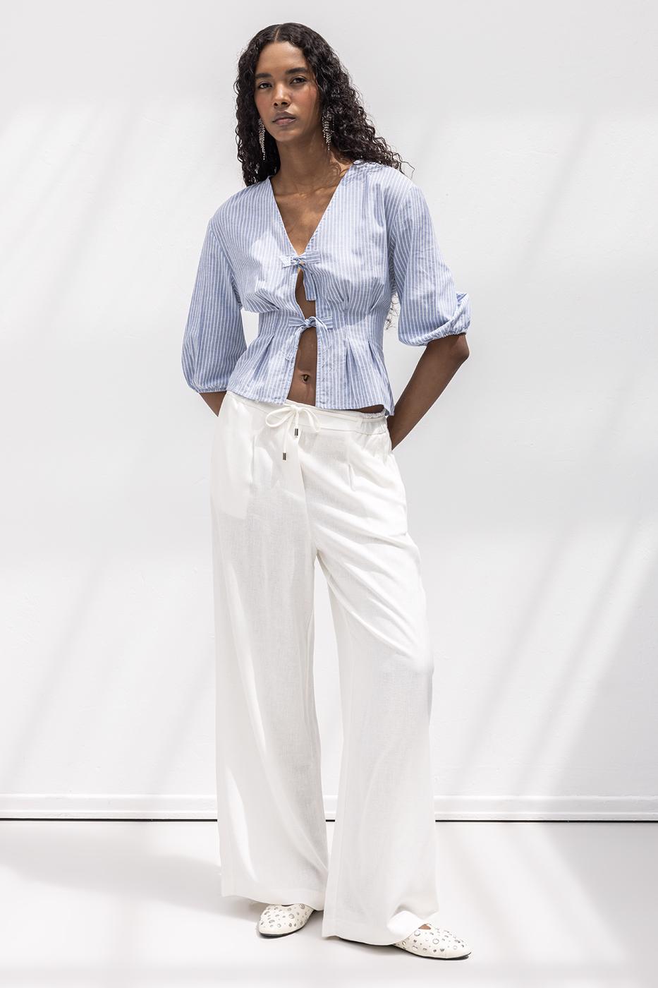 Linen Blend Belted Wide Trousers Off whıte