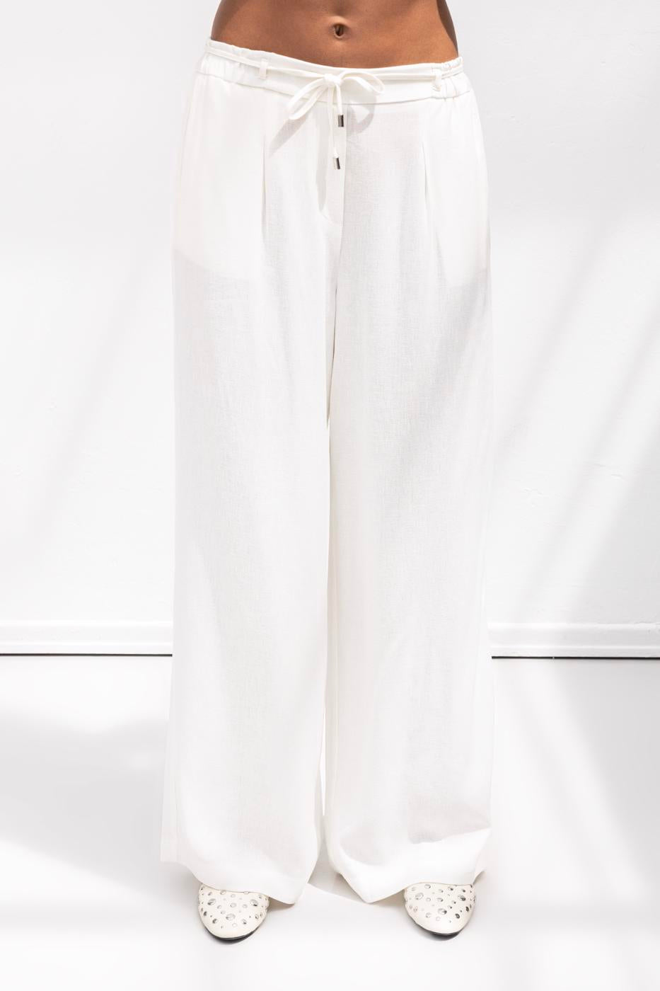 Linen Blend Belted Wide Trousers Off whıte