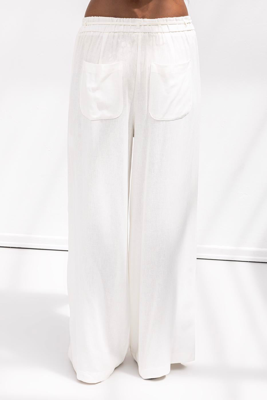 Linen Blend Belted Wide Trousers Off whıte