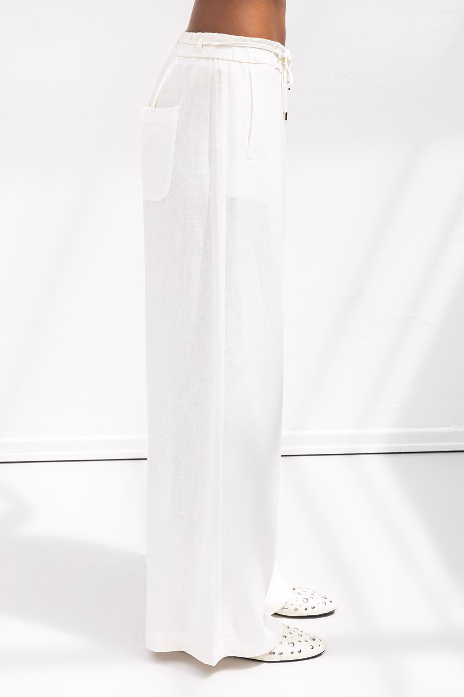 Linen Blend Belted Wide Trousers Off whıte