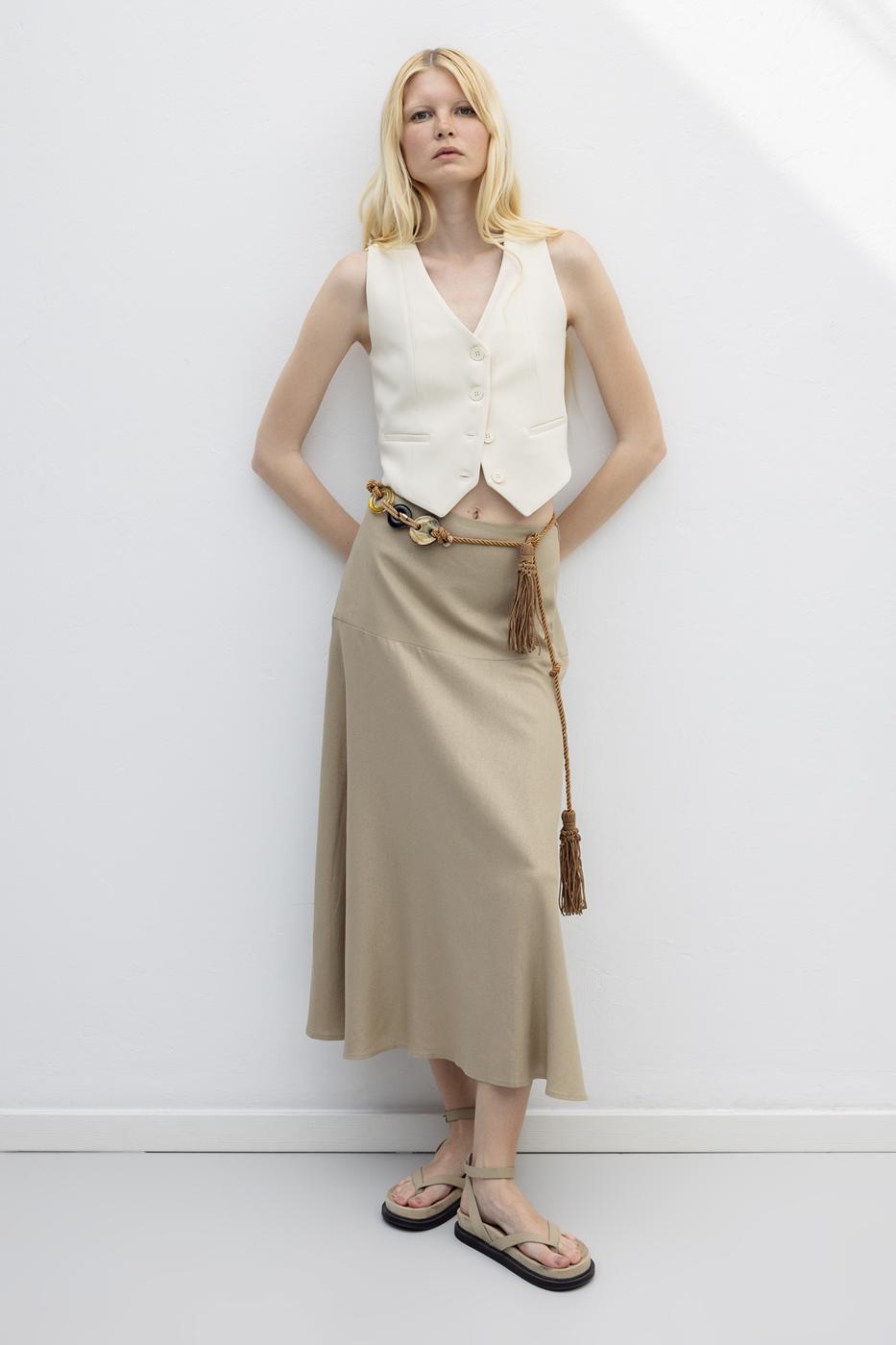 Linen Blend Flounced Midi Skirt Beige