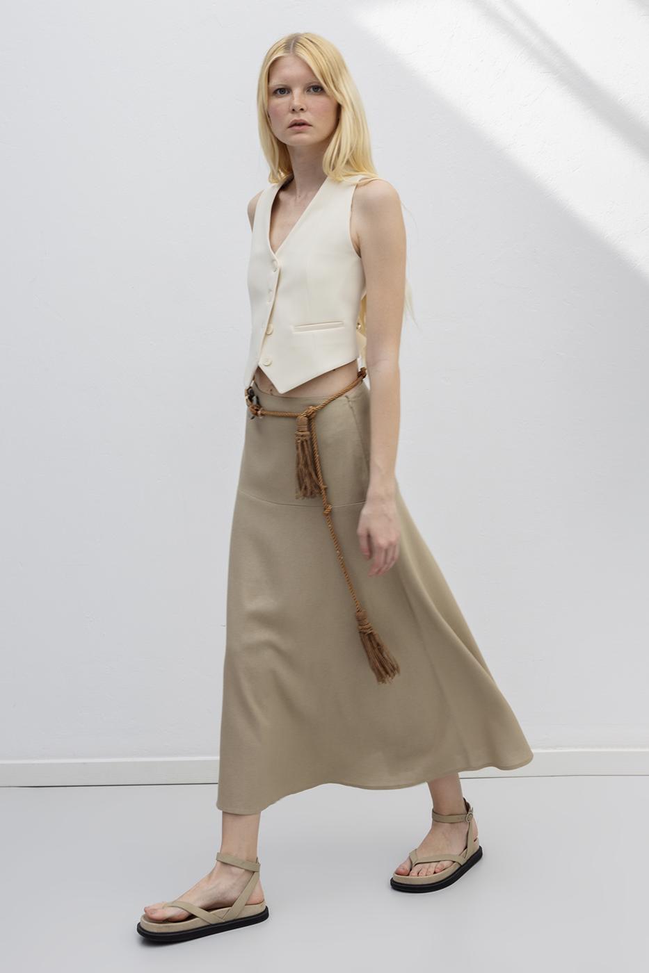 Linen Blend Flounced Midi Skirt Beige
