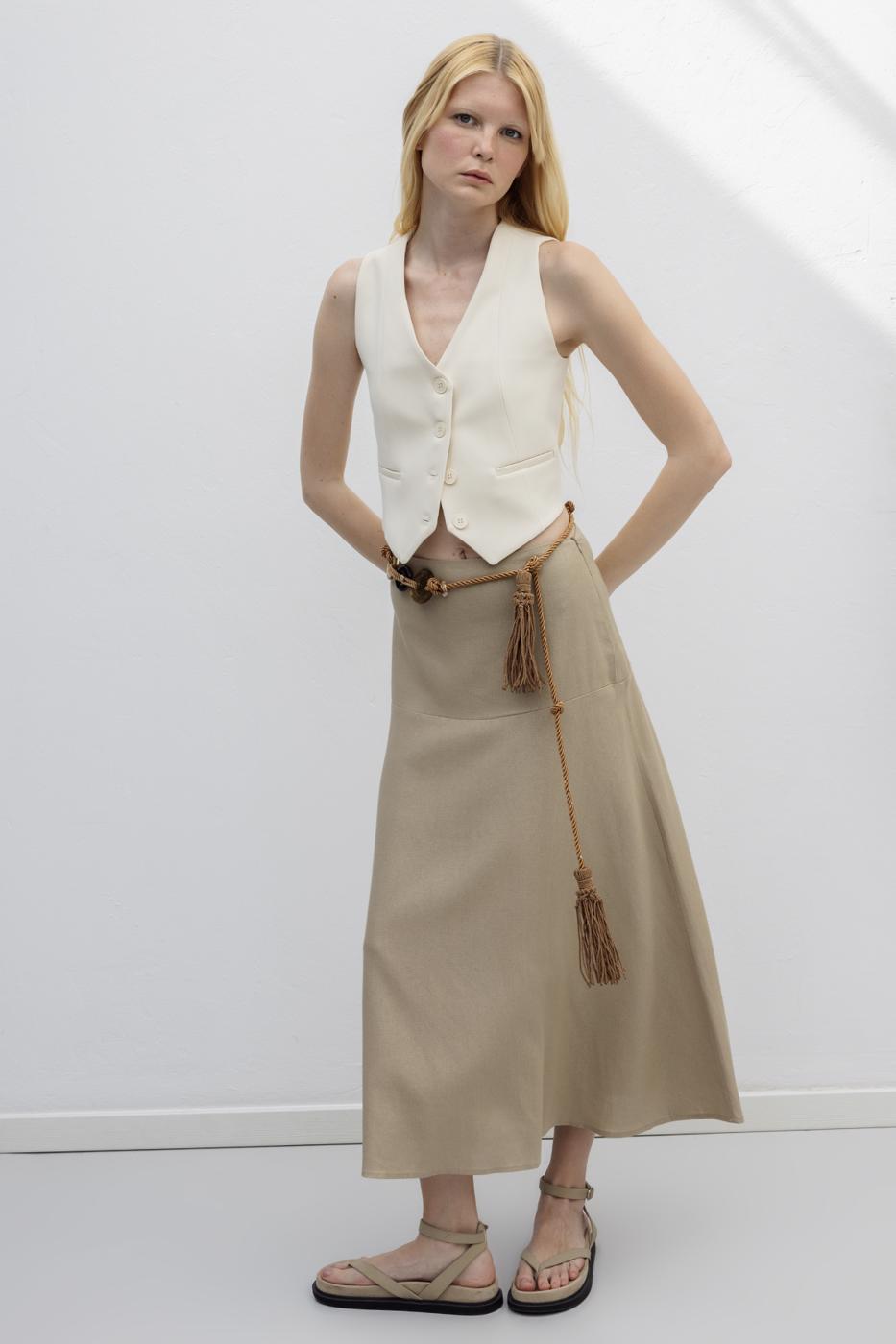 Linen Blend Flounced Midi Skirt Beige