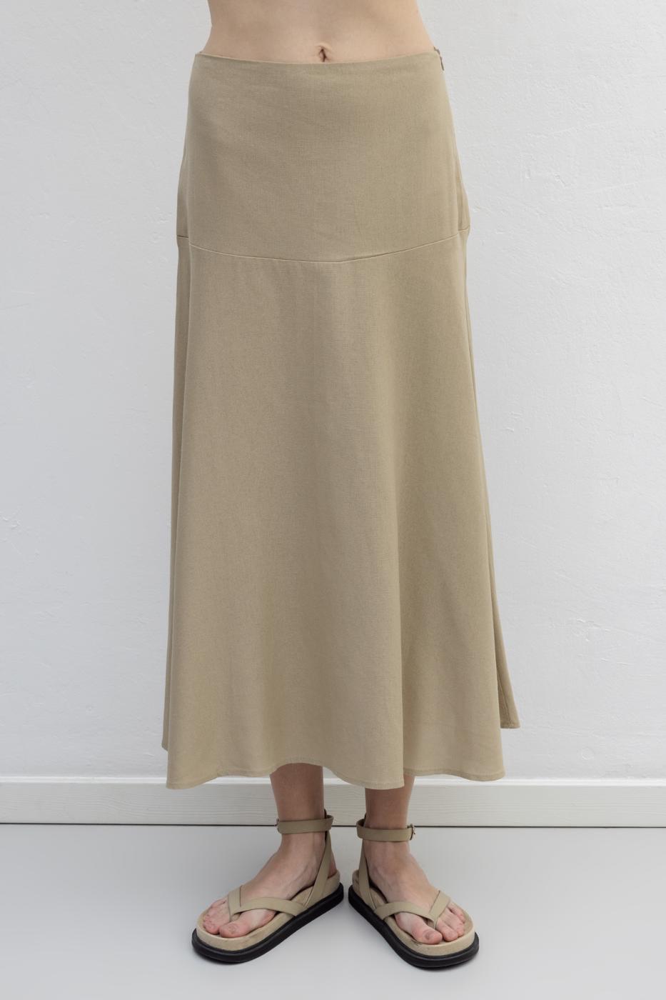 Linen Blend Flounced Midi Skirt Beige
