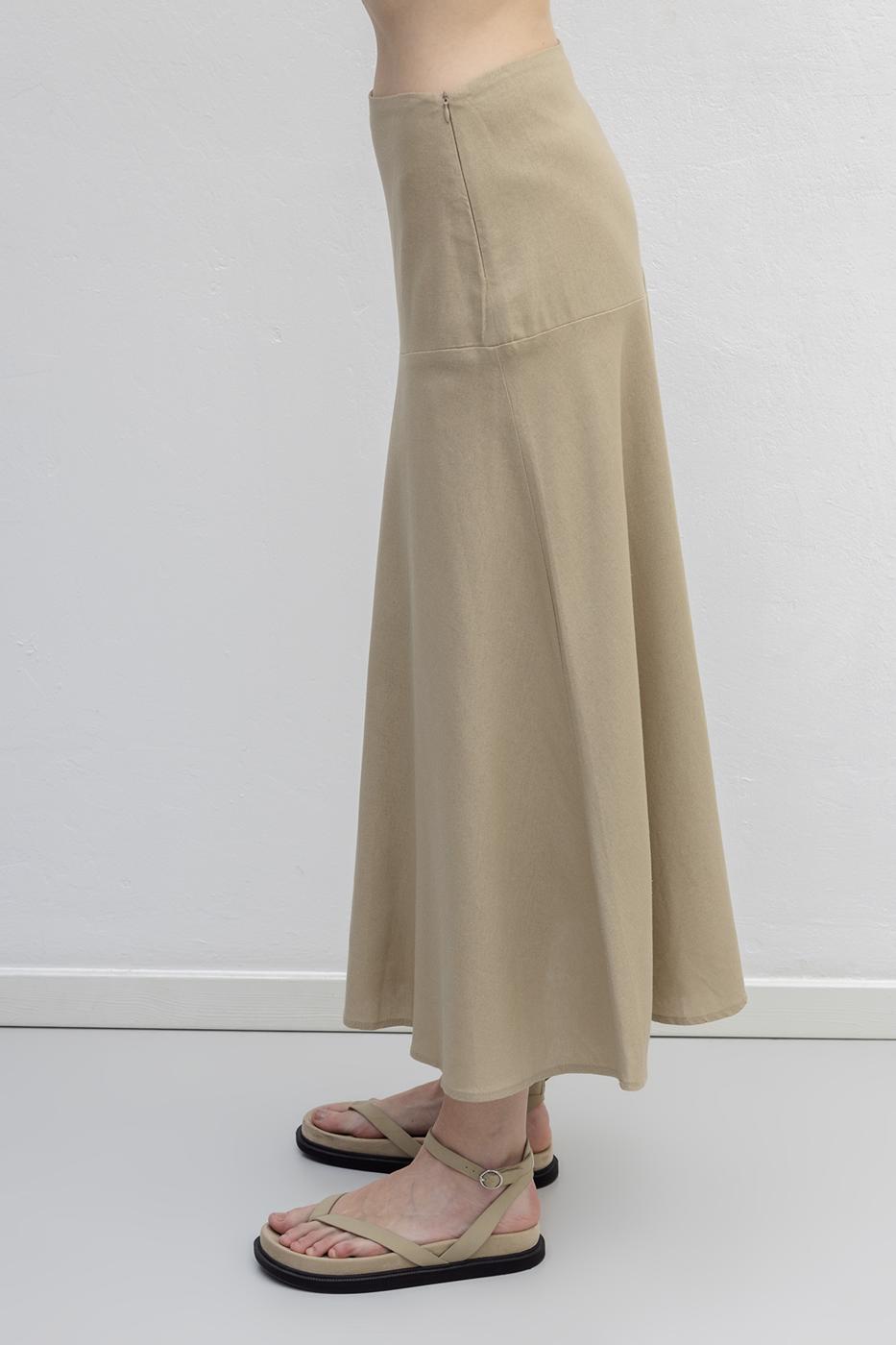 Linen Blend Flounced Midi Skirt Beige
