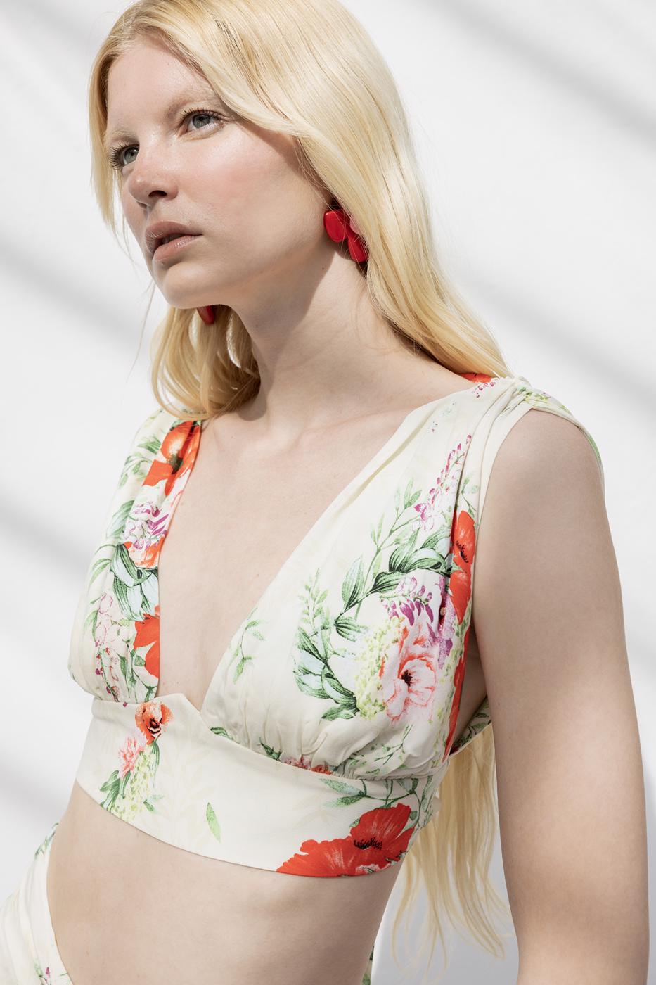 Linen Blend Deep Collar Detailed Bustier Ecru