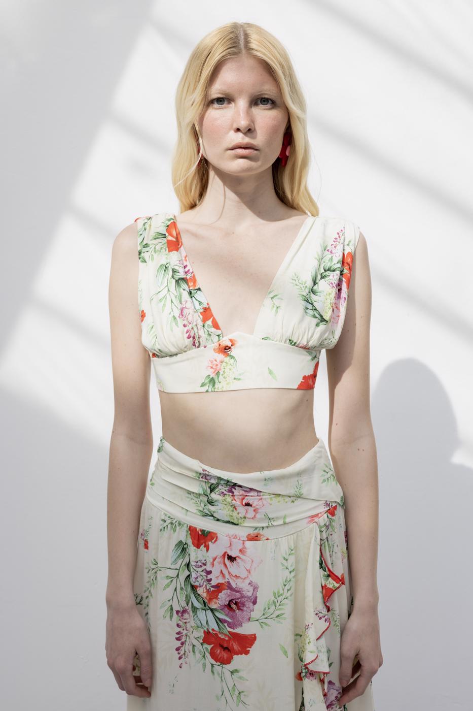 Linen Blend Deep Collar Detailed Bustier Ecru