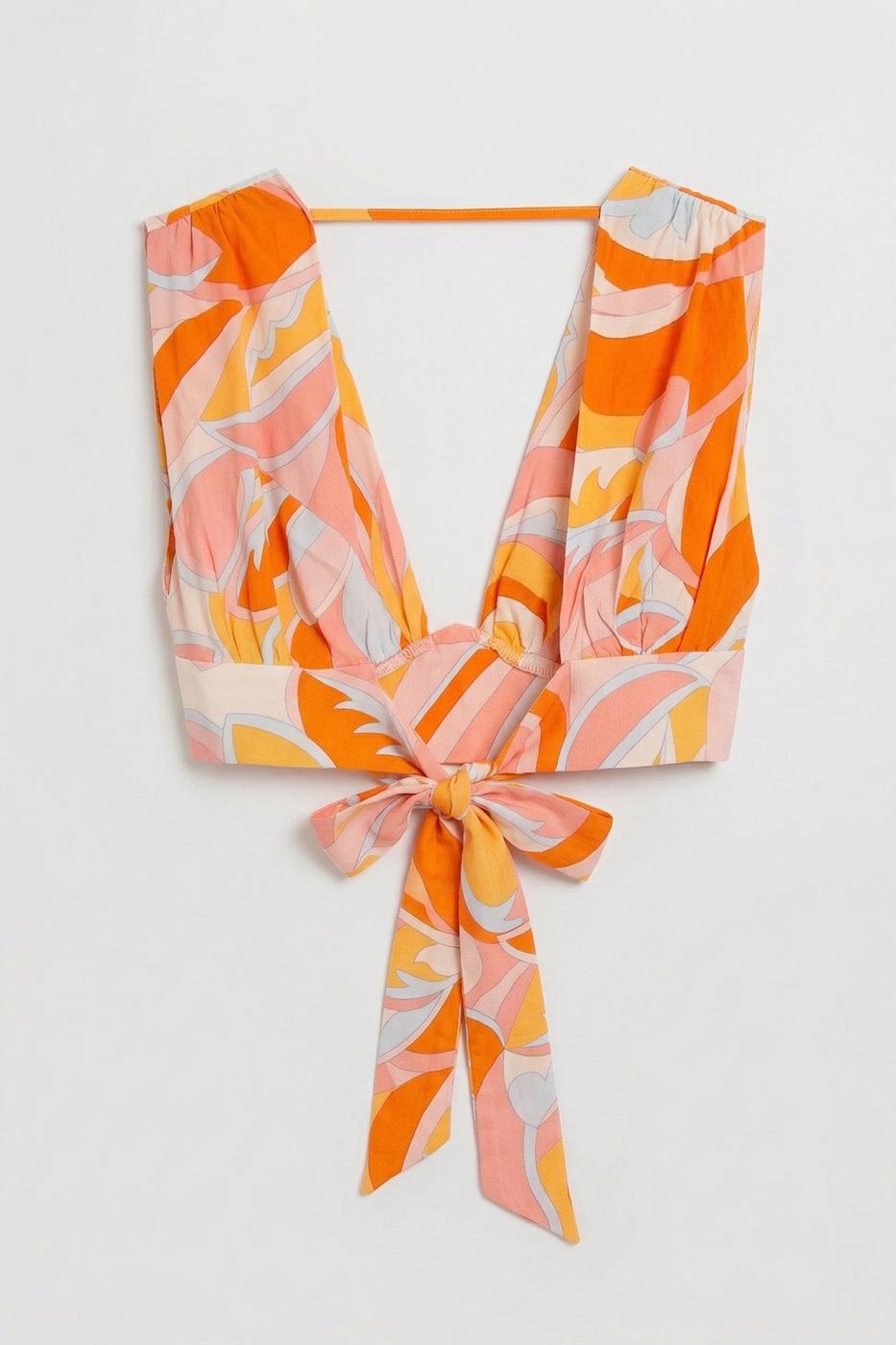Linen Blend Deep Collar Detailed Bustier Orange