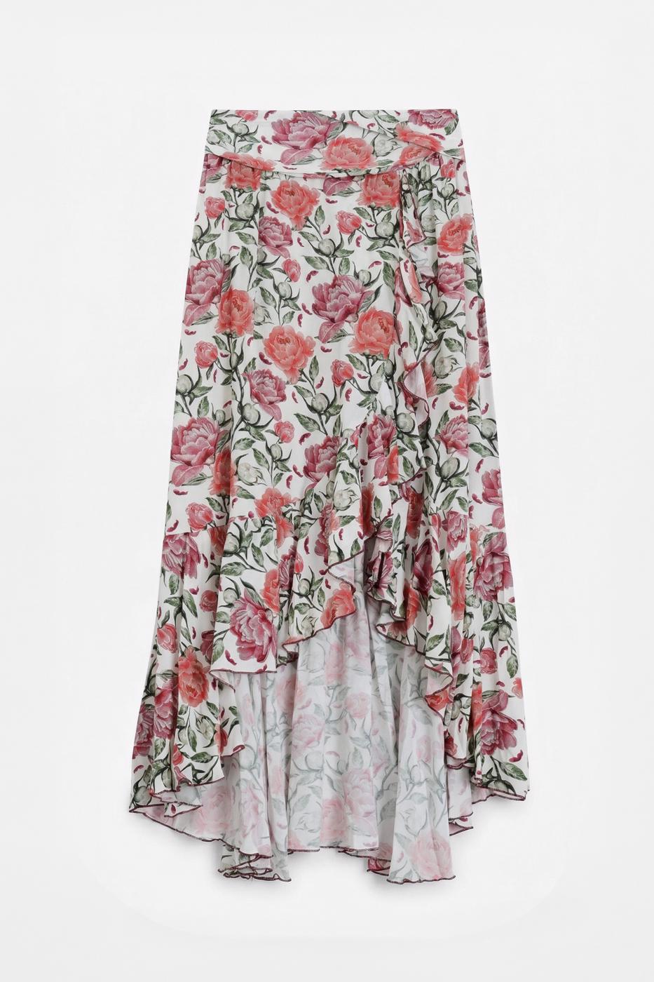 Linen Blend Ruffled Asymmetrical Midi Skirt Ecru