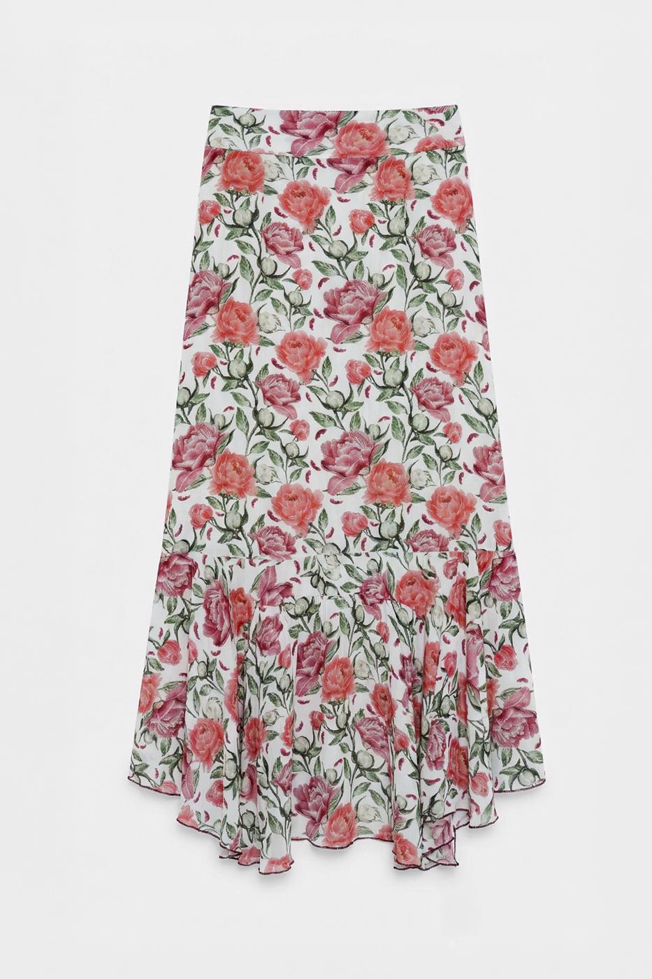 Linen Blend Ruffled Asymmetrical Midi Skirt Ecru